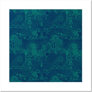 Hawaiian Toile Green Blue Posters and Art